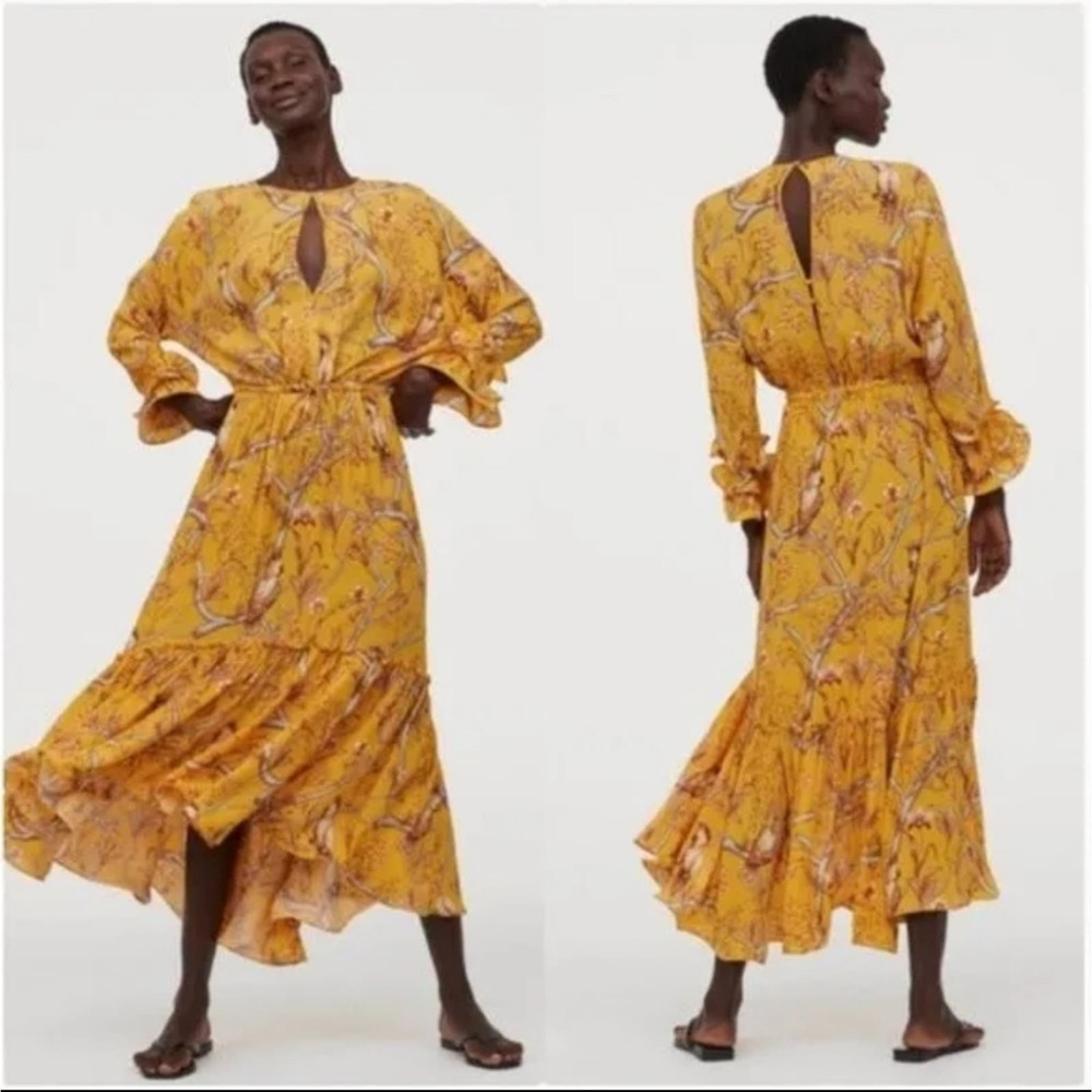 Johanna Ortiz x H&M Yellow Floral Long Sleeve Ruffle Midi Dress Size Medium